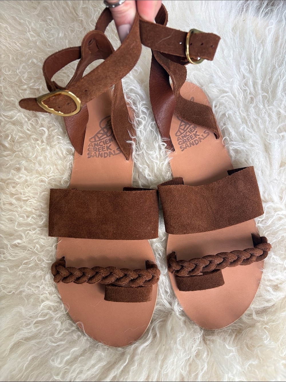 Ancient Greek Sandals Brown Suede Braided Ankle Strap Sandals 38